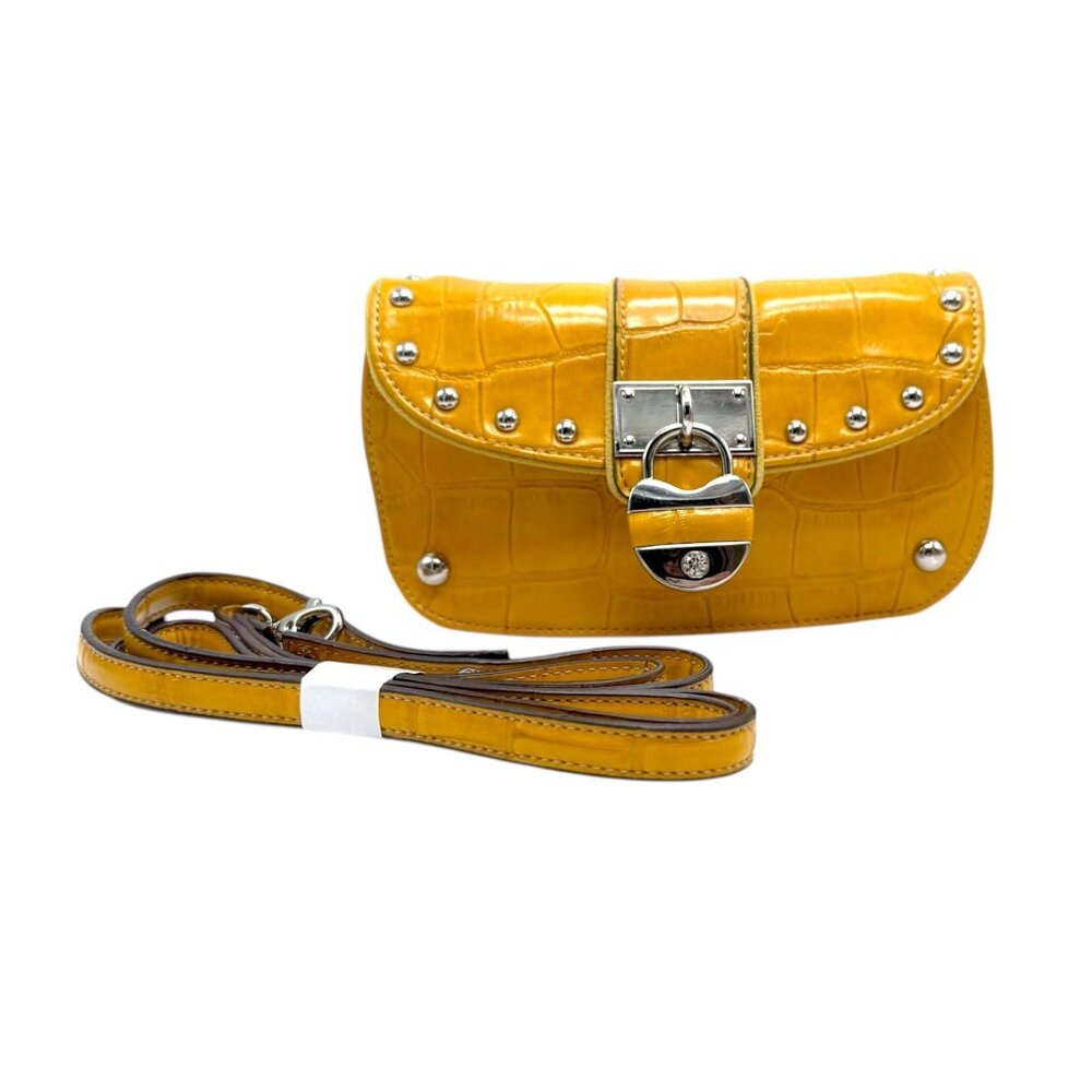 Kathy Van Zeeland Yellow Croc-Embossed  Crossbody w/ Heart Charm & Silver Studs